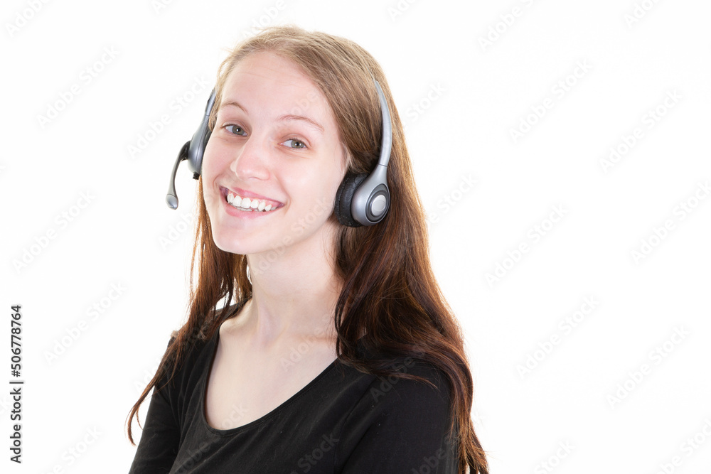 happy pretty call center consultant woman young blonde with head set phone headset in white background happy pretty call center consultant woman young blonde with head set phone headset in white background