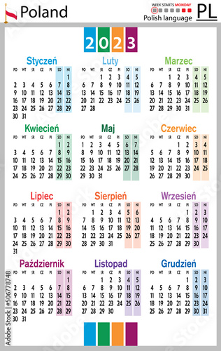 Polish vertical pocket calendar for 2023. Week starts Monday