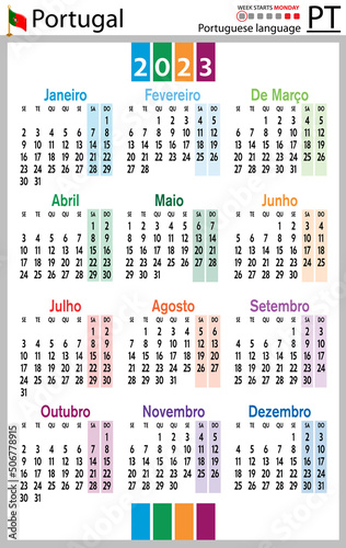 Portuguese vertical pocket calendar for 2023. Week starts Monday