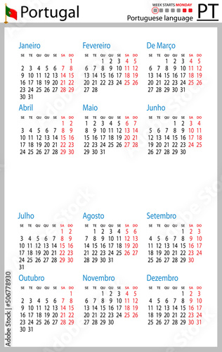 Portuguese vertical pocket calendar for 2023. Week starts Monday