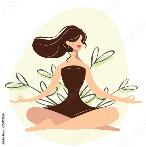 Stylish woman sits in a lotus position on the background of plants. A bright brunette is doing yoga in nature. Nice girl is meditating. Exercise and rest, reboot, energy recovery. Flat vector yoga day