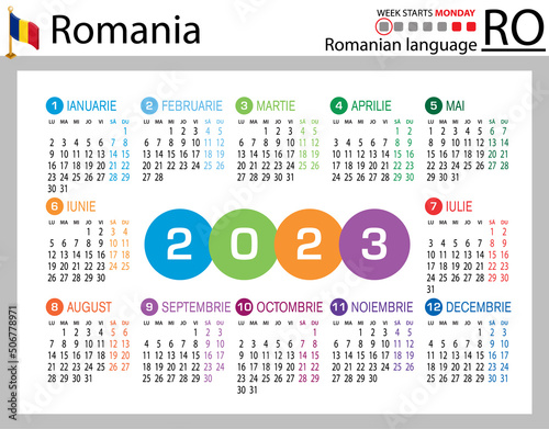 Romanian horizontal pocket calendar for 2023. Week starts Monday