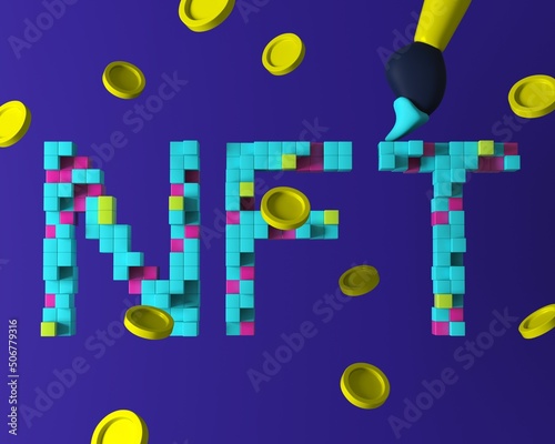 NFT non-fungible tokens for crypto art. Chip Pay unique collectibles in games or art. NFT crypto art collectibles concept. 3d rendering illustration.