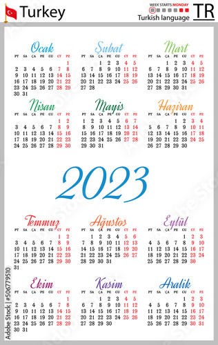 Turkish vertical pocket calendar for 2023. Week starts Monday