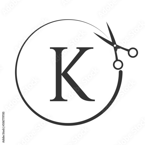 Salon and Hair Cutting Logo on Letter K Sign. Scissors Icon with Logotype Concept