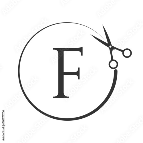 Salon and Hair Cutting Logo on Letter F Sign. Scissors Icon with Logotype Concept