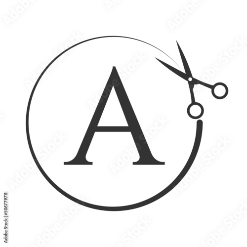 Salon and Hair Cutting Logo on Letter A Sign. Scissors Icon with Logotype Concept