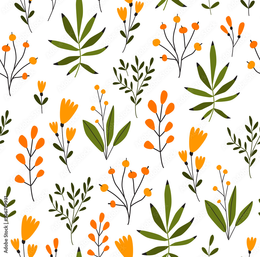 Print. Seamless botanical background of delicate wildflowers. Field plants, berries. Floral pattern. Fabric, paper. Wallpaper.