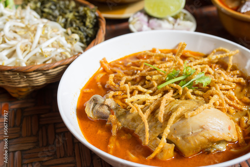 Khao soi gai. Thai coconut milk curry noodles- Northeast Food of Thailand