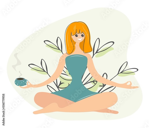 Young woman in the lotus position on the background of plants. A bright blonde is doing yoga in nature. Cute girl is meditating with a cup of coffee. Sports, recreation, recovery. Flat vector yoga day