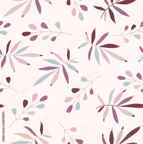 Print. Seamless background with foliage and berries. Palm branches. Vector botanical pattern in pastel colors. fabric, paper, wallpaper. photo