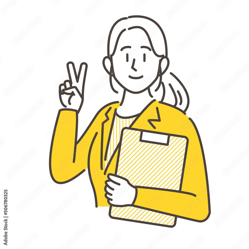 Smiling businesswoman making a peace sign [Vector illustration].