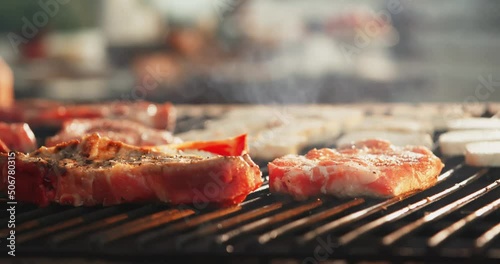 Barbeque Grill Meat Fire Flames Vegetables Healthy Family Cooking in Weekends Outdoor Close Up Slow Motion