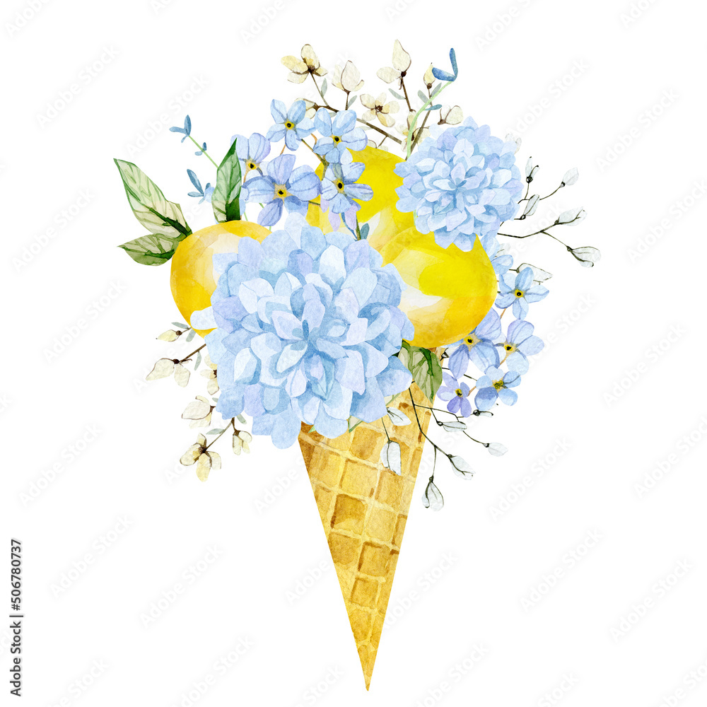 Watercolor ice cream in waffle cone with blue flowers and lemon fruit, leaves and branches. Summer stock illustration for print and greeting card.