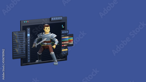 Game design development create characters animate pose 3d graphics artwork.Video game designer developer Creative software. 3d rendering. photo