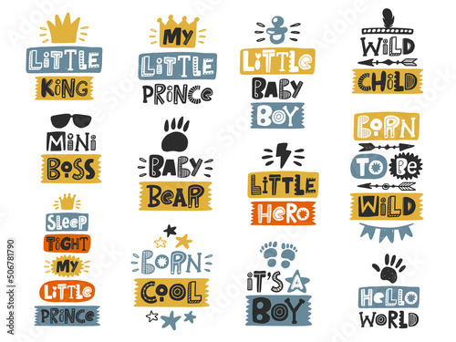 Baby boy colored hand drawn lettering set