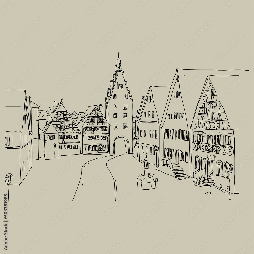 Illustration of Medieval old street with traditional German houses in Monheim am Rhein, Germany 
