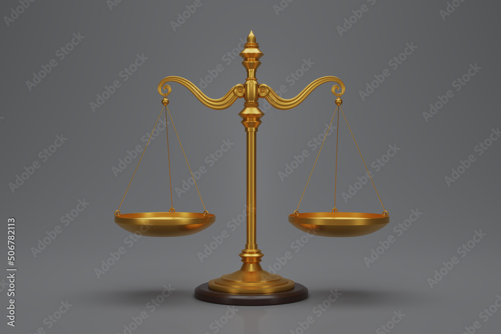 3D render Gold brass balance scale isolated on gray background. Scales