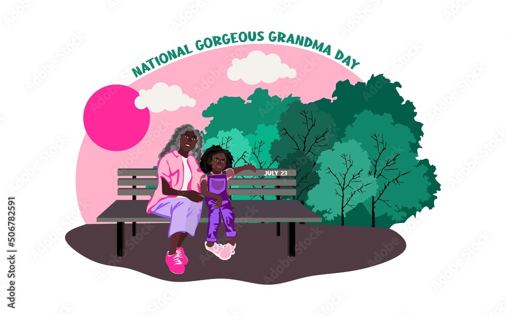 National Gorgeous Grandma Day vector. Stylish African American elderly woman. Happy and smiling elderly woman vector with her grandchild