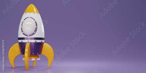 Fototapeta Naklejka Na Ścianę i Meble -  3d render space rocket model isolate on purple background. Start up, growth. New project start up concept of business product on a market. Copy space for texts. 3d rendering illustration.
