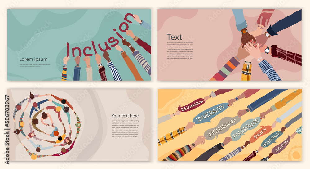 Diversity inclusion and equality concept. People of diverse cultures forming a circle. Group of multicultural men and women. Editable set brochure template flyer leaflet cover poster.Equal