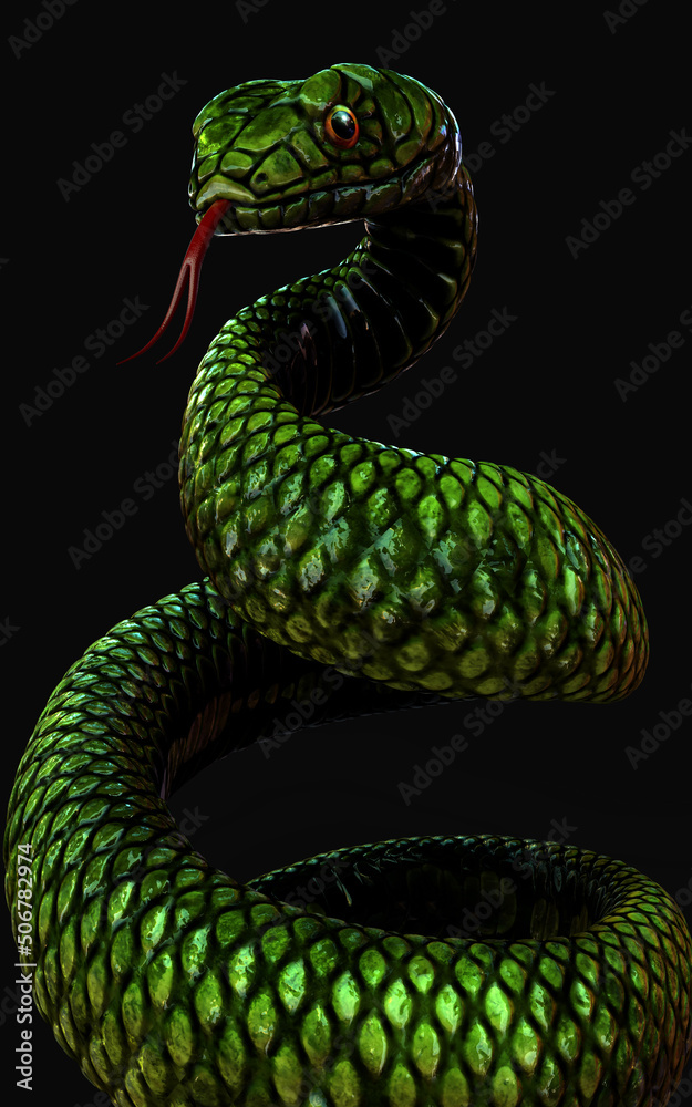 3d Illustration green snake on dark black background, Close up shot, 3D rendering model with clipping path.