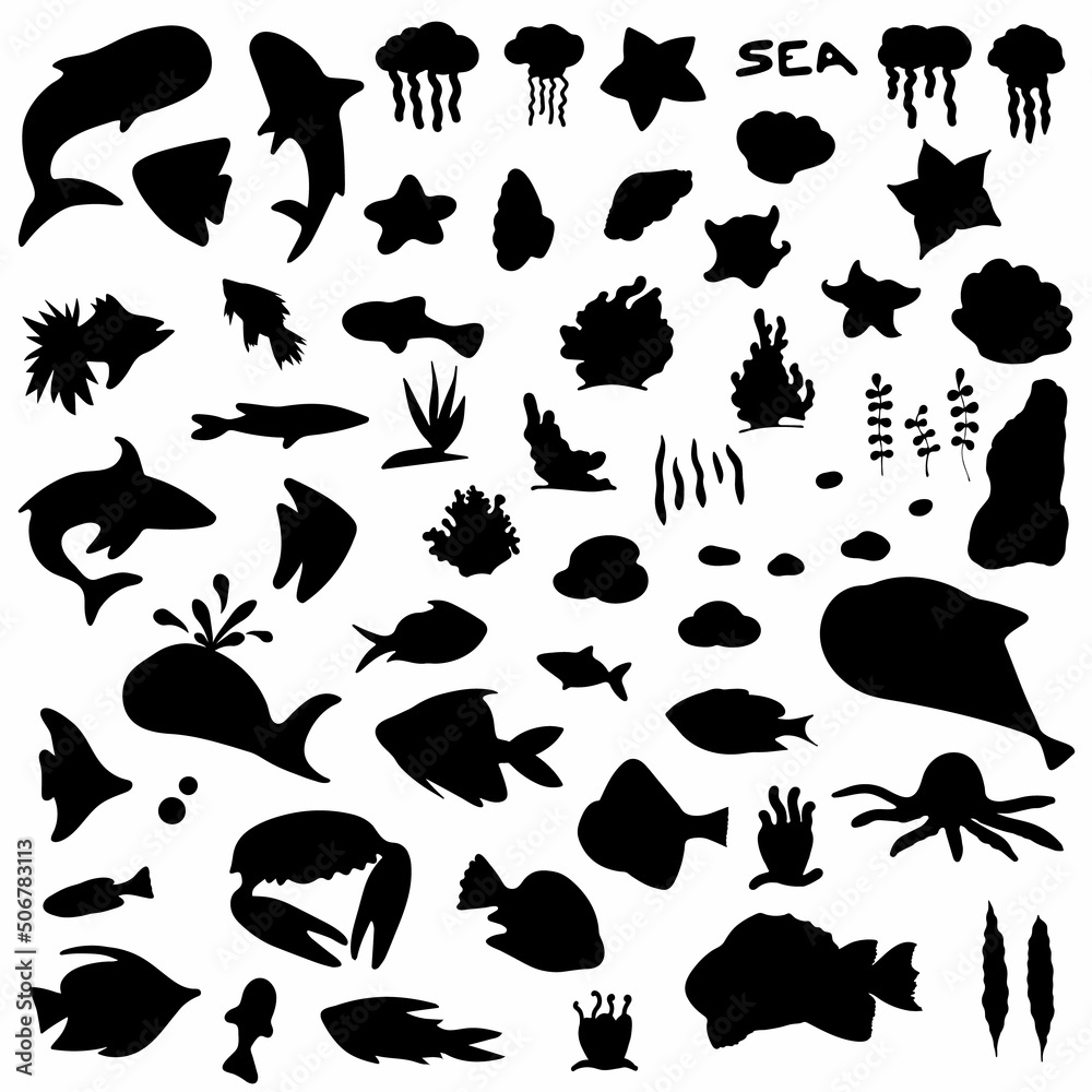 Set of Fish Silhouette. Fish Silhouette Collection. Elements Isolated on White Background.