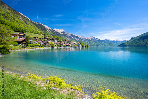 amazing crystal clear water of Brienz lake in Oberried am Brienzersee in Switzerland photo