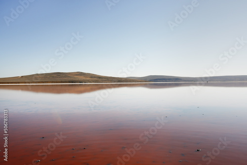 Shore of salty pink lake