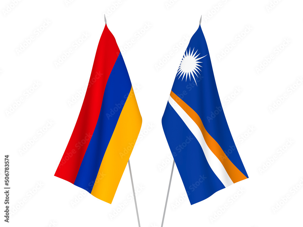 National fabric flags of Armenia and Republic of the Marshall Islands isolated on white background. 3d rendering illustration.