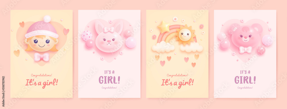 Set of baby shower invitation with cartoon girl, rainbow, sun, bear and bunny on pink and beige background. It's a girl. Vector illustration Set of baby shower invitation with cartoon girl, rainbow, sun, bear and bunny on pink and beige background. It's a girl. Vector illustration