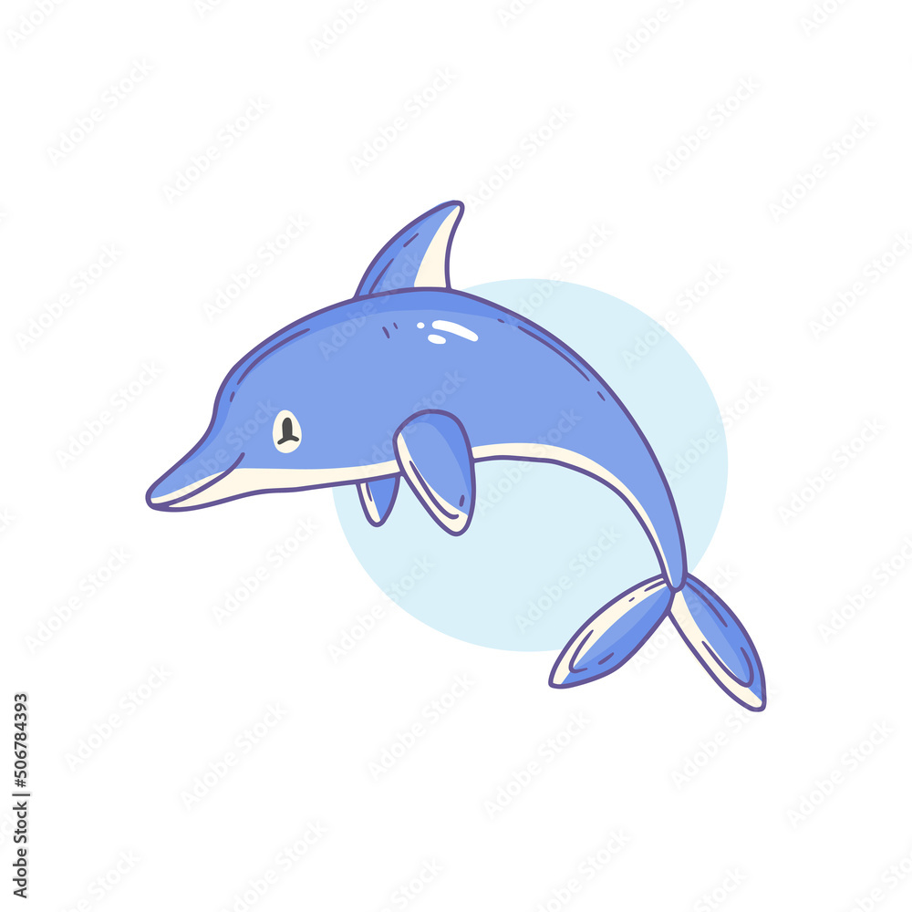 Obraz premium Happy cute smiling dolphin character in doodle style. vector isolated animal illustration.