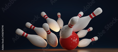 Fotografie, Obraz 3d render red bowling ball crashing into the pins on dark blue background