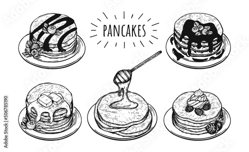 pancakes set vector sketch. chocolate pancake with berries on plates vector sketch. pancakes with honey on plates vector drawing. pancakes with berries vector hand drawn doodles