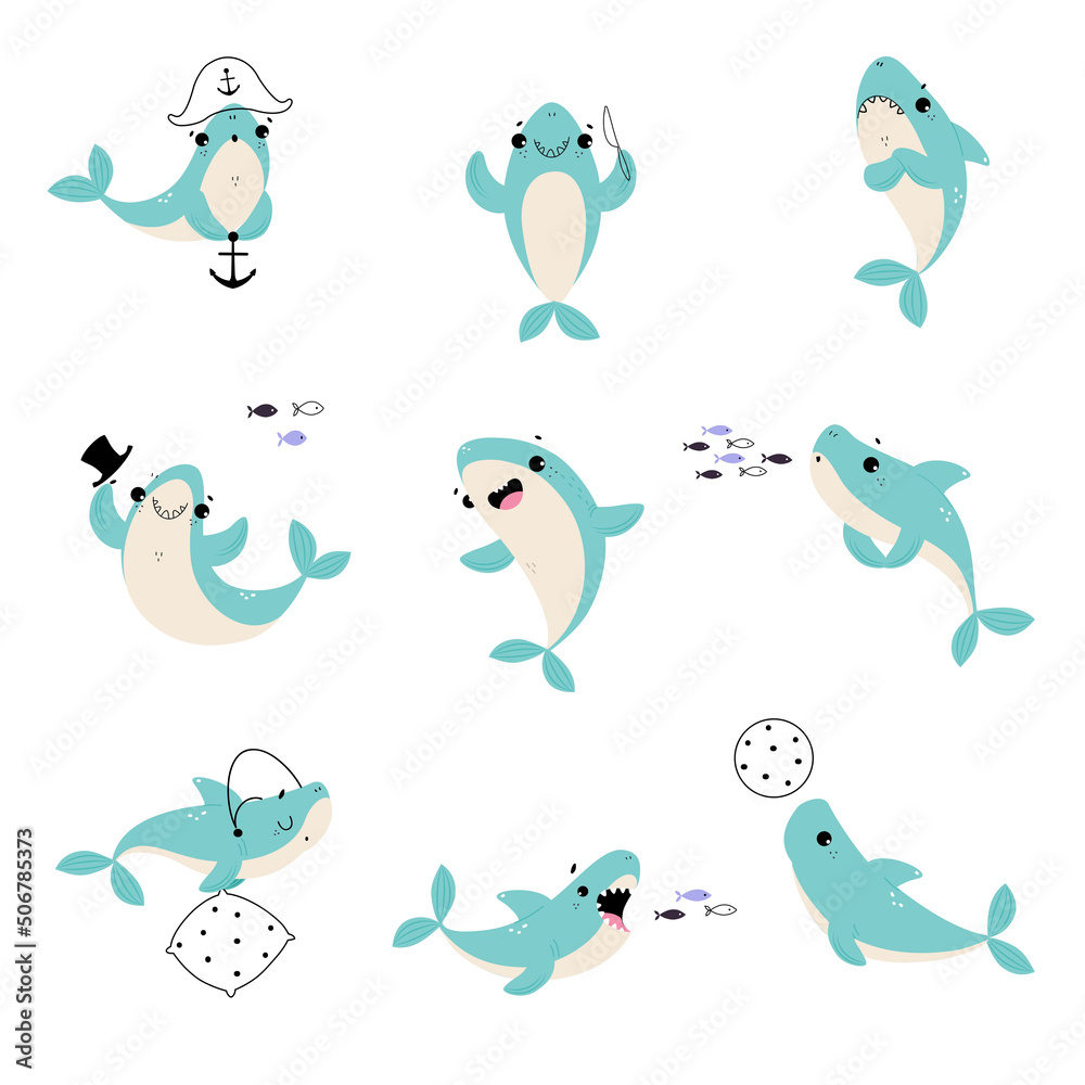 Comic Blue Shark with Fins as Marine Animal Floating in the Ocean Vector Set Comic Blue Shark with Fins as Marine Animal Floating in the Ocean Vector Set