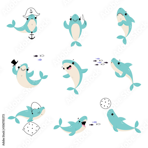 Comic Blue Shark with Fins as Marine Animal Floating in the Ocean Vector Set
