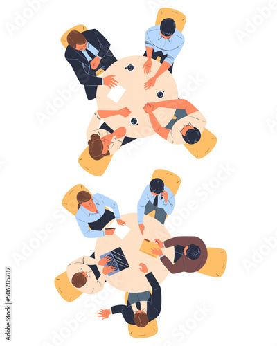 Teamwork with Office Worker Brainstorming at Table Discussing Project Above View Vector Set