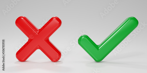 3D render Checkmark and X mark icon set. Checkmark right symbol, tick sign. check and uncheck for web and mobile apps. 3D rendering illustration.
