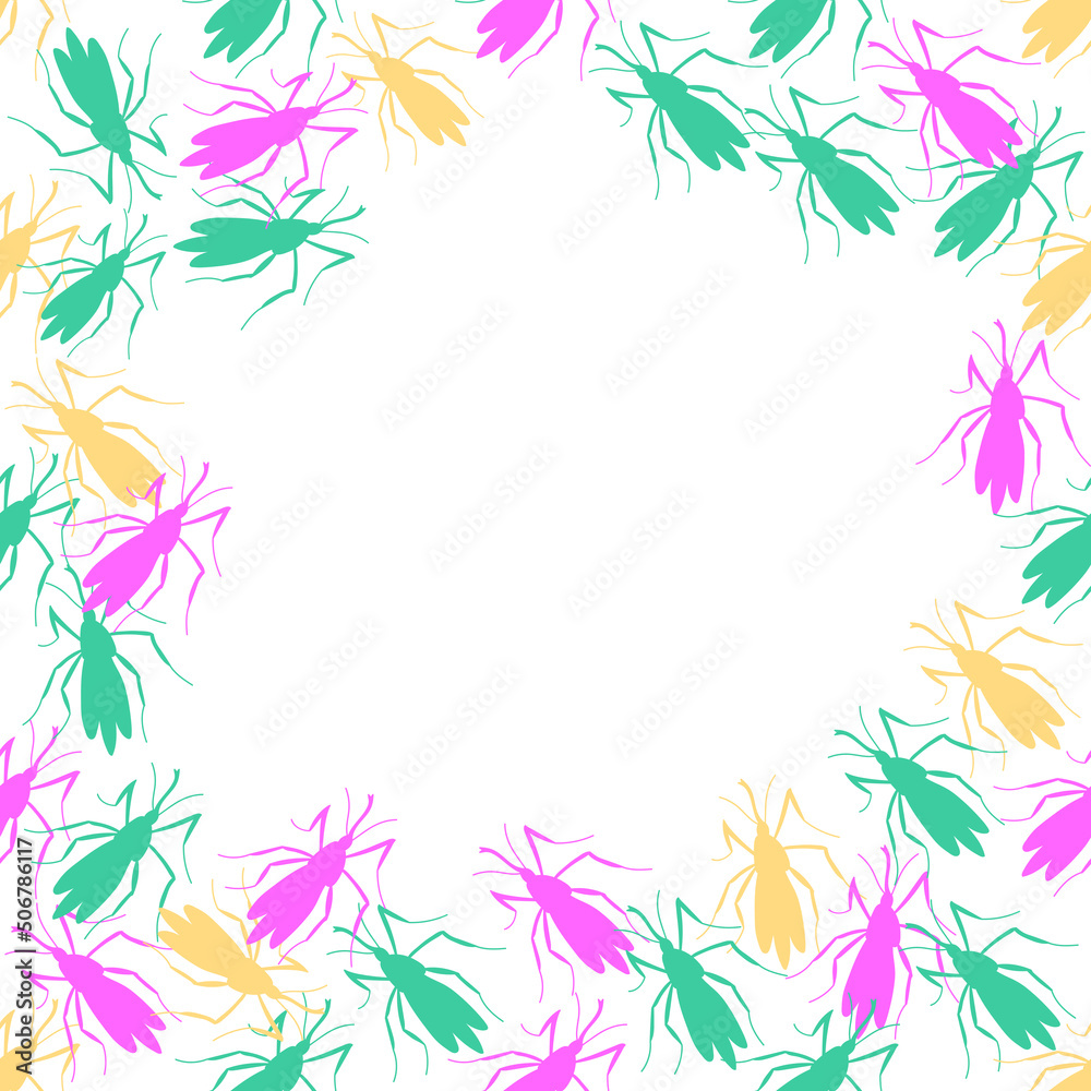 Vector frame, border from pink, green, yellow small mosquitoes, moths or beetles in flat style. Multicolor background, decoration with insects, bloodsuckers, pests Vector frame, border from pink, green, yellow small mosquitoes, moths or beetles in flat style. Multicolor background, decoration with insects, bloodsuckers, pests