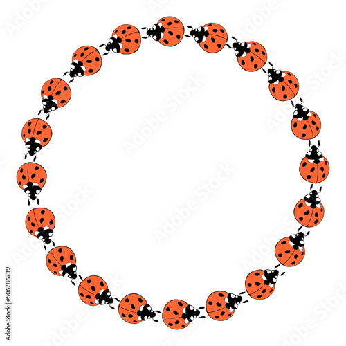 Vector round frame, border from cute red ladybugs. Simple bright background, decoration for spring, summer, natural, kids design