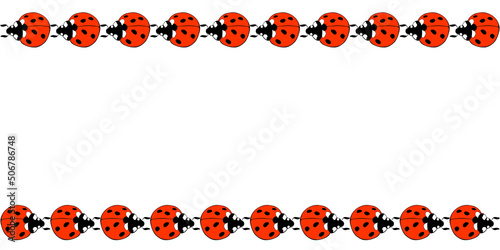 Vector border, frame of cute bright red ladybugs in doodle flat style. Horizontal top and bottom edging, decoration for Natural design, kids theme