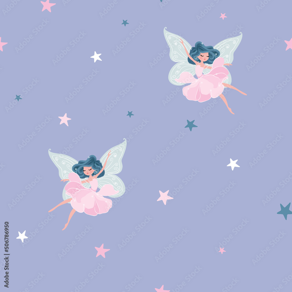 Beautiful seamless pattern design, butterfly girl with stars illustration, children artworks, wallpapers, posters, greeting cards prints. Beautiful seamless pattern design, butterfly girl with stars illustration, children artworks, wallpapers, posters, greeting cards prints.