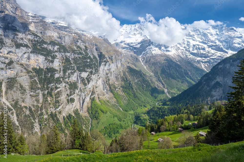 amazing view on Alps mountains from Murren Lauterbrunnen in Switzerland