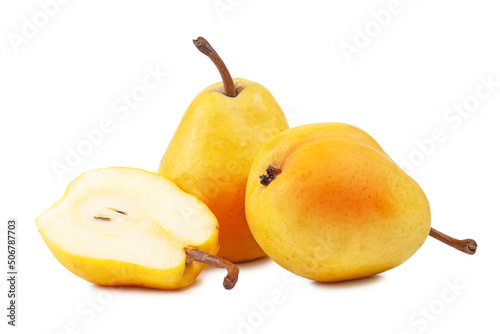 Three yellow ripe pears on white background isolated. Dessert for cooking slice and confectionery. Sweet food, vegetarian. Farm and garden ingredient for market.
