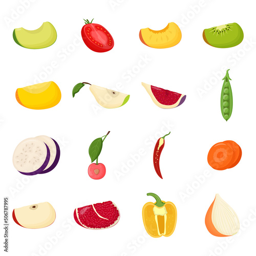 Fototapeta Naklejka Na Ścianę i Meble -  Set of half fruits and vegetables slices. Vegetarian food, healthy eating concept. Avocado, peach, fig, cherry, kiwi, pear, pepper, tomatoes. Flat vector illustration