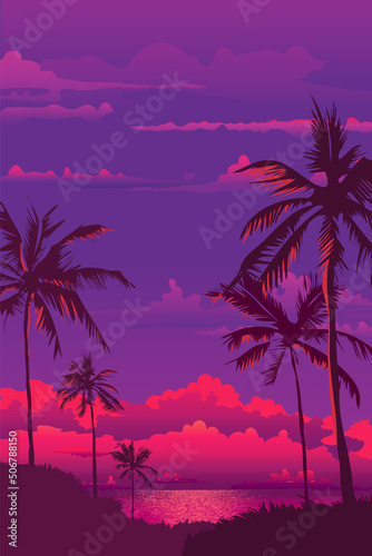 Poster, banner - sunset coconut palms with the reflection of the setting sun on the branches against a purple sky with pink clouds which goes beyond the horizon