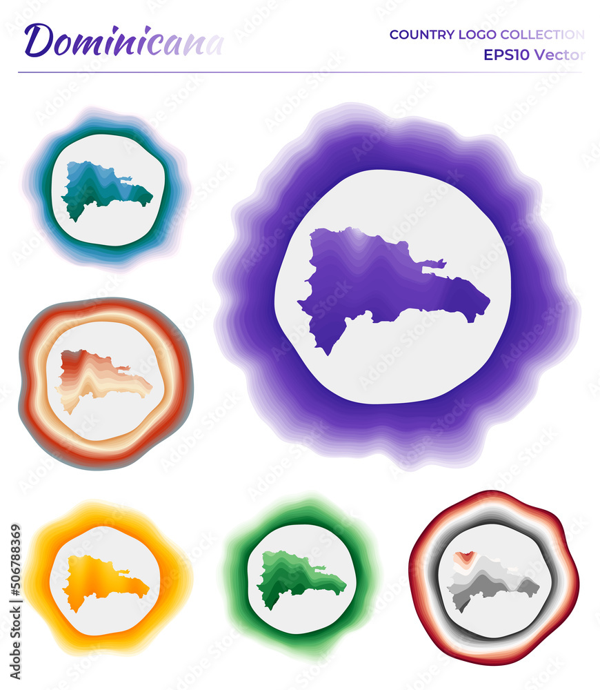 Dominicana logo collection. Colorful badge of the country. Layers around Dominicana border shape. Vector illustration. Dominicana logo collection. Colorful badge of the country. Layers around Dominicana border shape. Vector illustration.