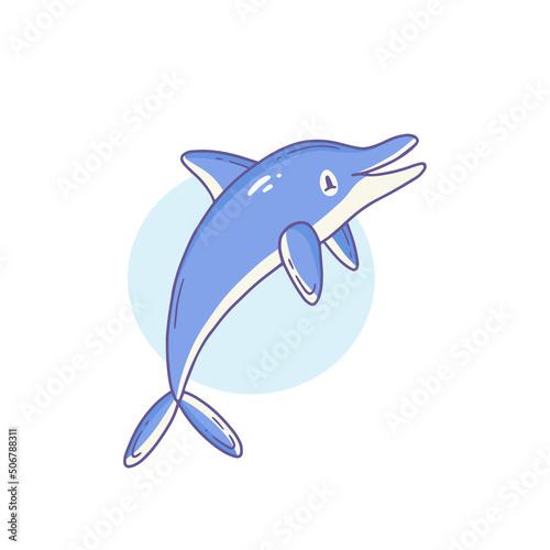 Happy cute laughing dolphin character in doodle style. vector isolated animal illustration.