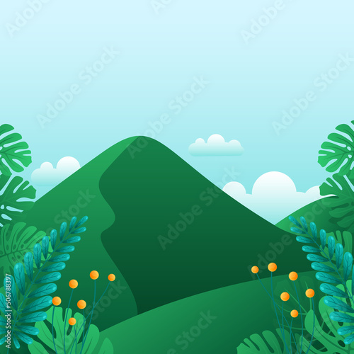 illustration of mountain landscape with hills, branches and grass.