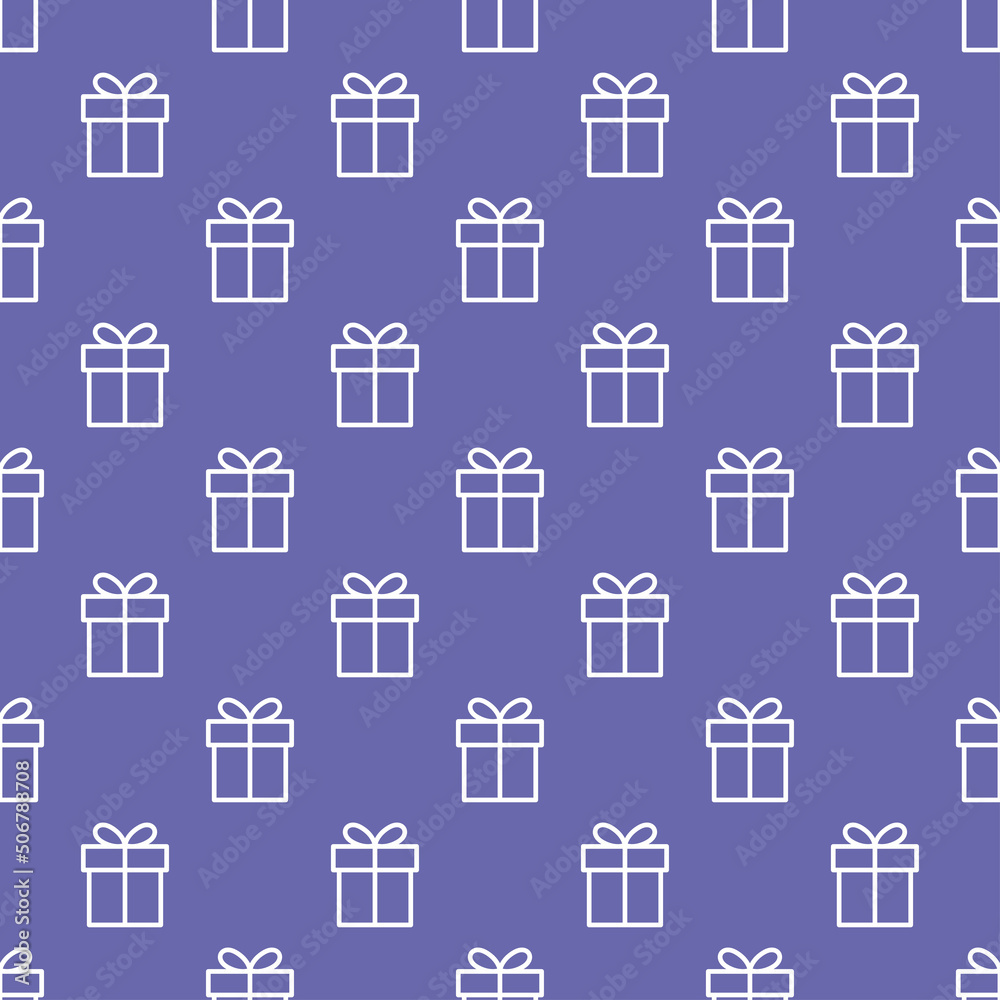White outline gift box seamless pattern with very peri color background. White outline gift box seamless pattern with very peri color background.